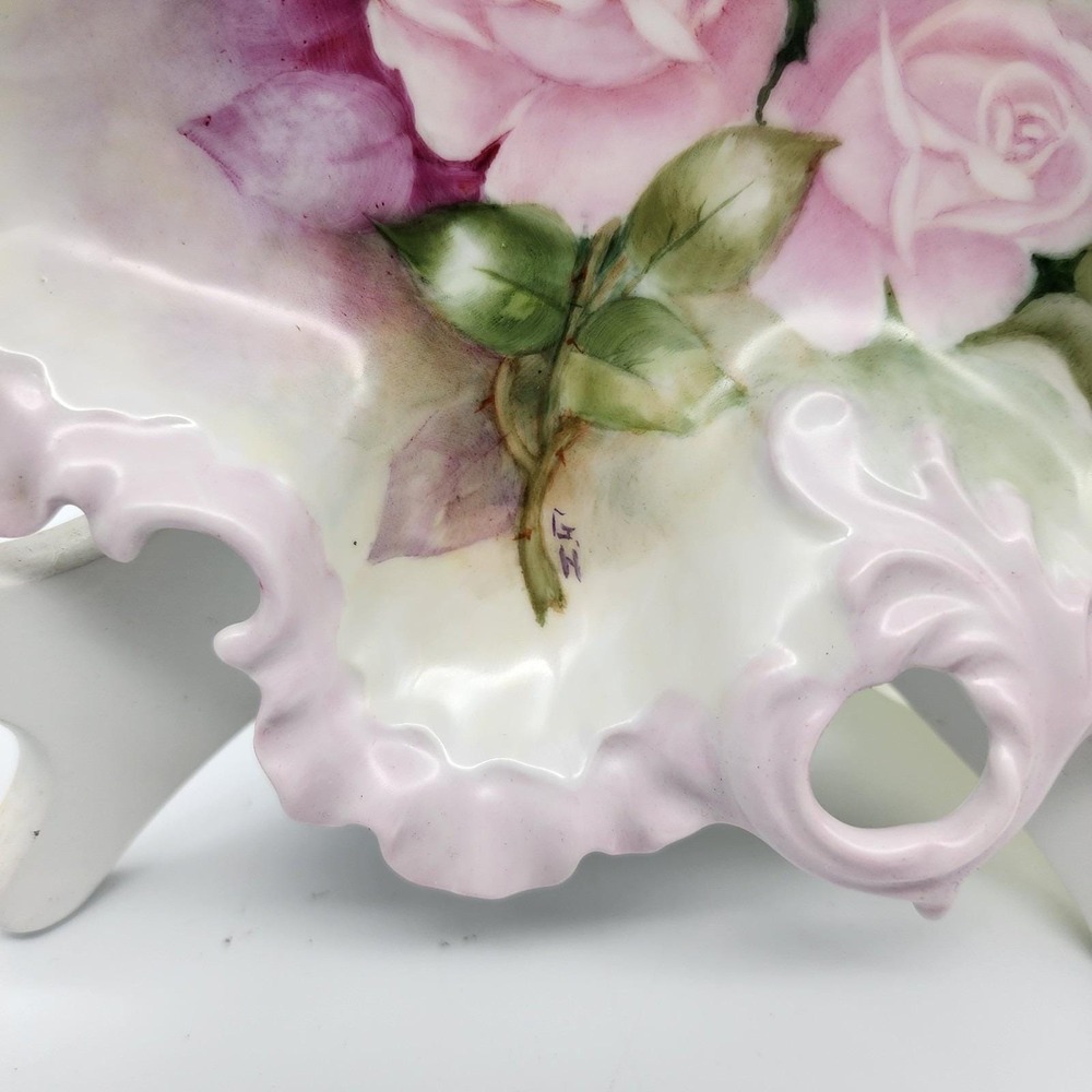 Beautiful Porcelain Hand Painted Victorian Roses Flowers Nappy Dish Pink Signed - Picture 3 of 11